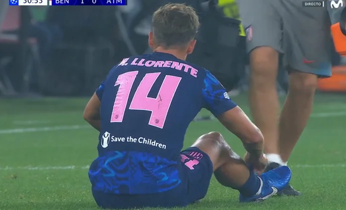 Marcos Llorente, sustituido en el primer tiempo por una lesión en el muslo