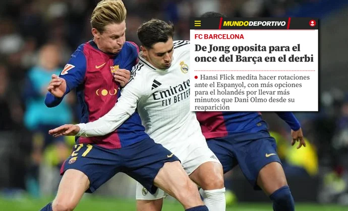 Mundo Deportivo también ve a De Jong con opciones de ser titular en el derbi, pero no a Olmo