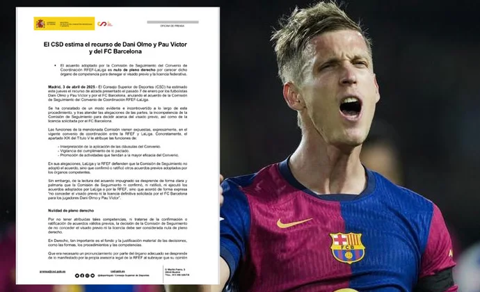 El CSD da la razón al Barça y mantiene las fichas de Dani Olmo y Pau Víctor hasta fin de curso