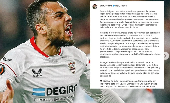 Joan Jordán se dirige a la afición sevillista tras ser operado de una hernia discal
